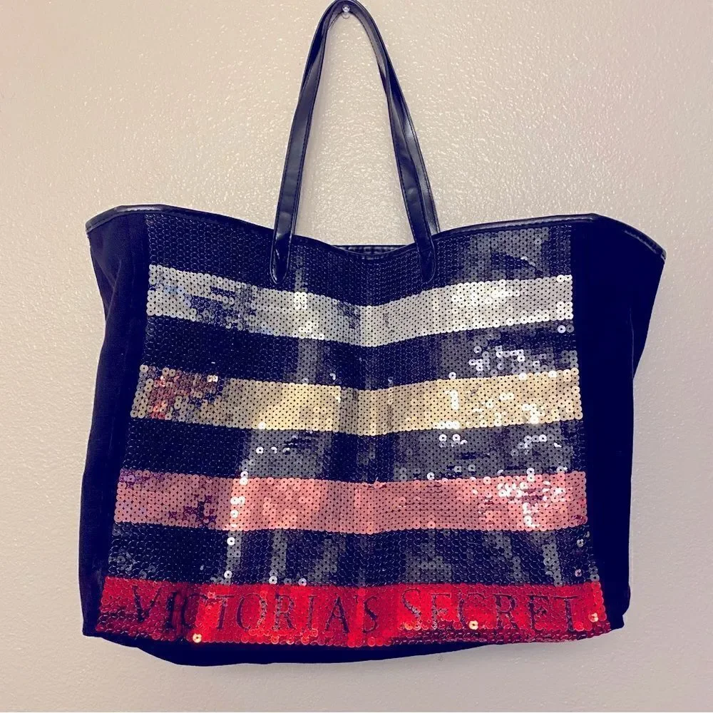 Victoria's Secret Stripe Sequin Carryall Tote beach Bag Black Red Silver Large